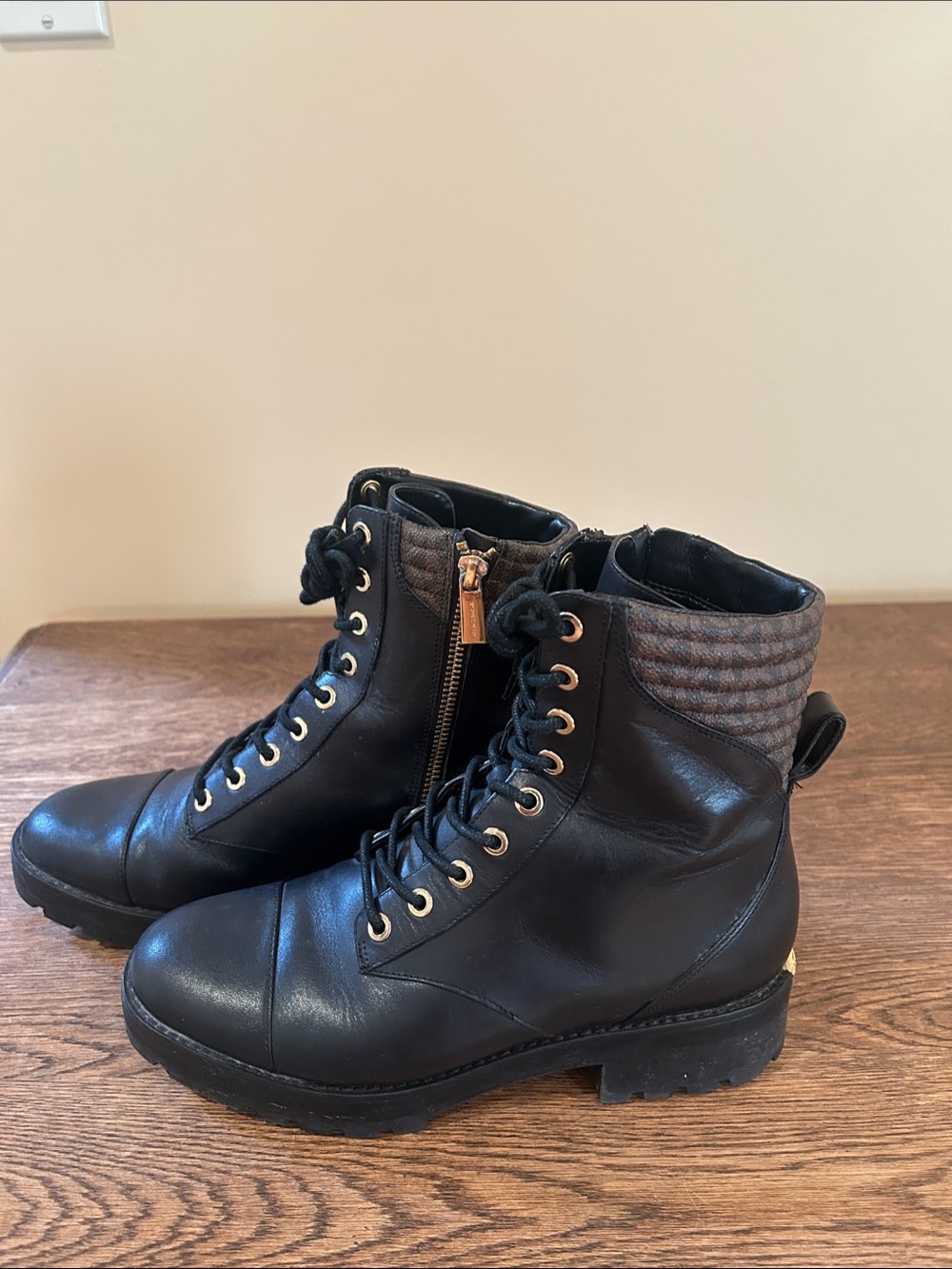 Michael Kors Black Lace-Up Combat Boots with Gold Eyelets